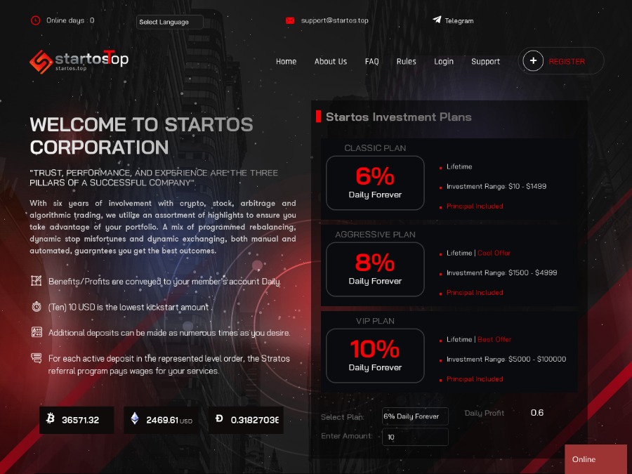 Startos Corporation - новый фаст: 6 - 10% в день навсегда, + Страховка $1100