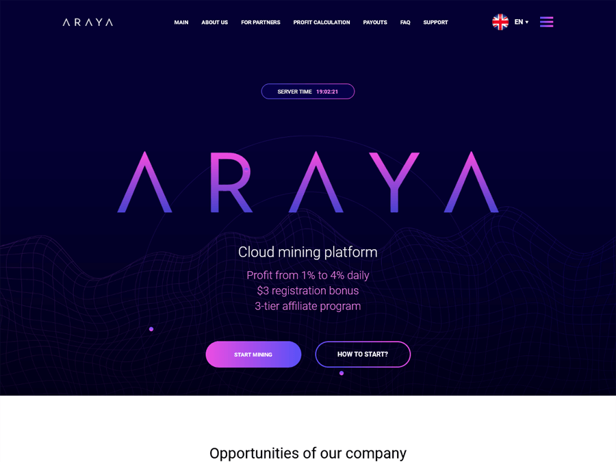 Araya Mining - новый майнинг: 1 - 4% в день бессрочно, Бонус +$3, от 5 USD