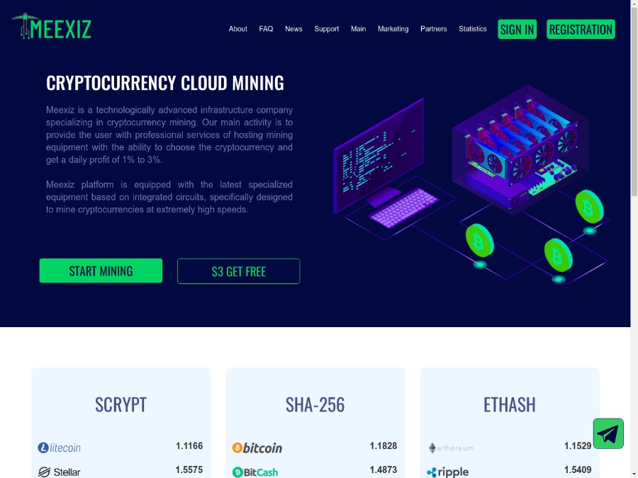 Meexiz - новый псевдо-майнинг: начисления 1 - 3% ежедневно, бонус 3 USD