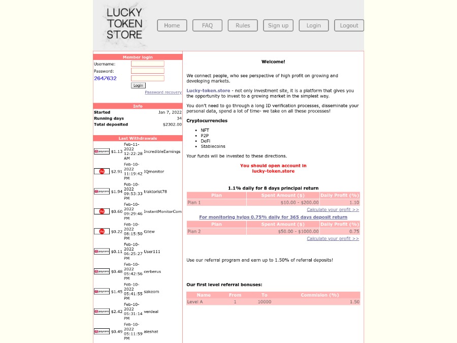 Lucky-token - 1.1% ежедневно на 8 дней с возвратом вклада в конце, от $10