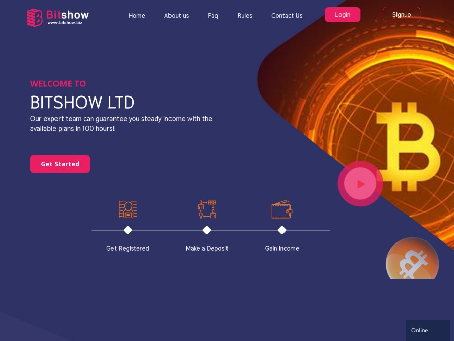 BitShow - доходность: 130% через 100 часов, 7% на 3 дня, депозит от 50 USD