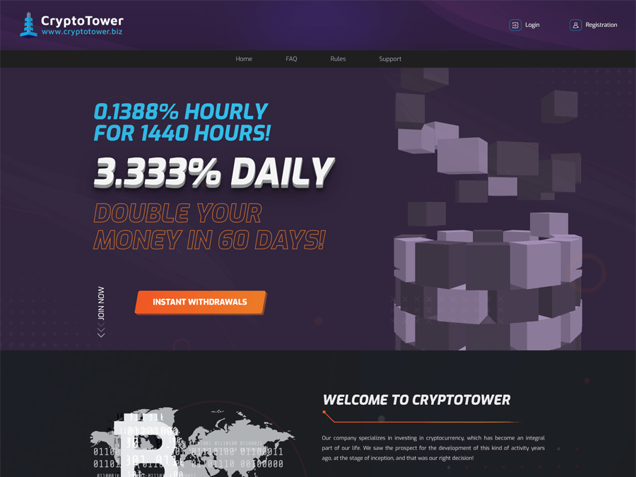 CryptoTower - 0.1388% почасово на 1440 часов, депо включен, + СТРАХОВКА