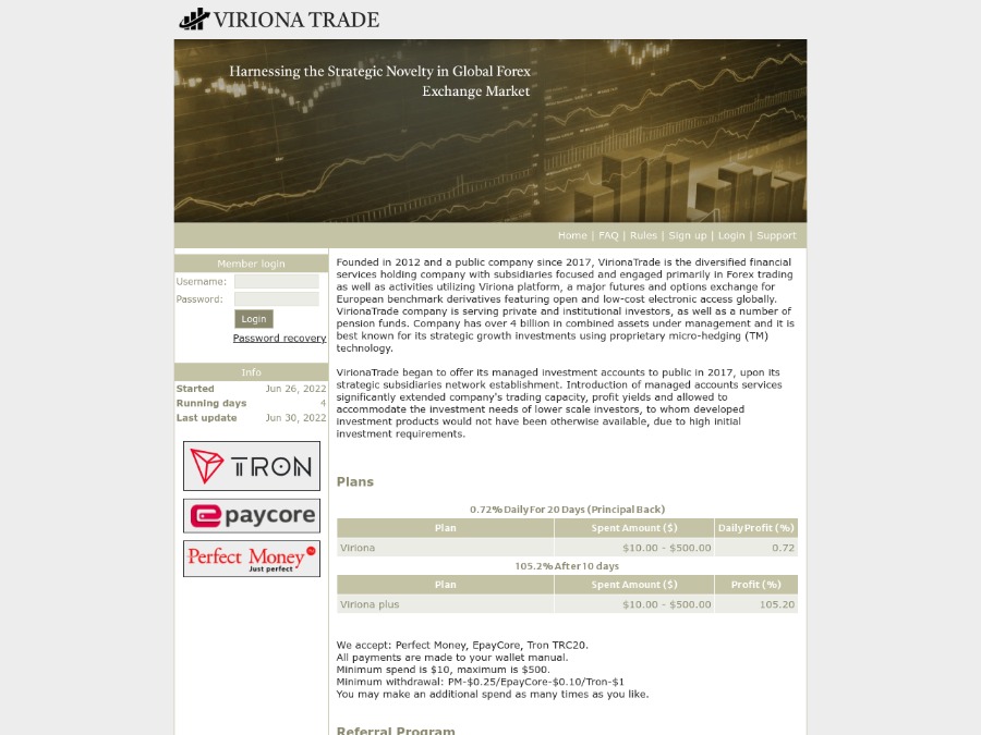 Viriona Trade - партизан: +0.72% сроком на 20 дней / 105.2% после 10 дней