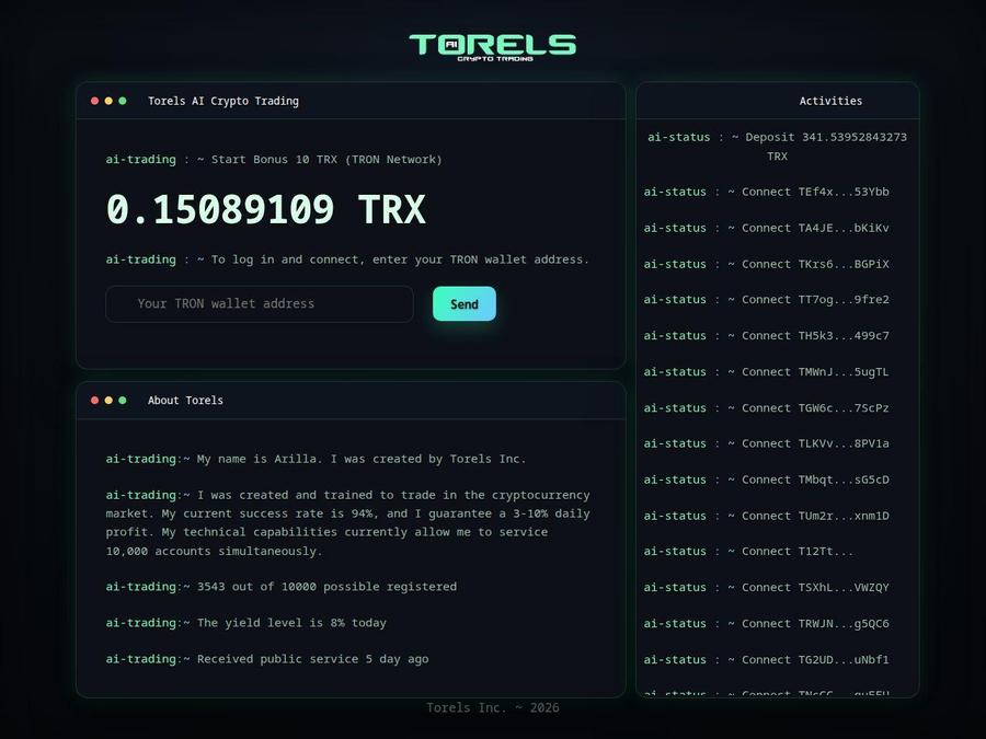 Torels - облачный майнинг Tron TRX под 3 - 10%, бонус 10 TRX и СТРАХОВКА
