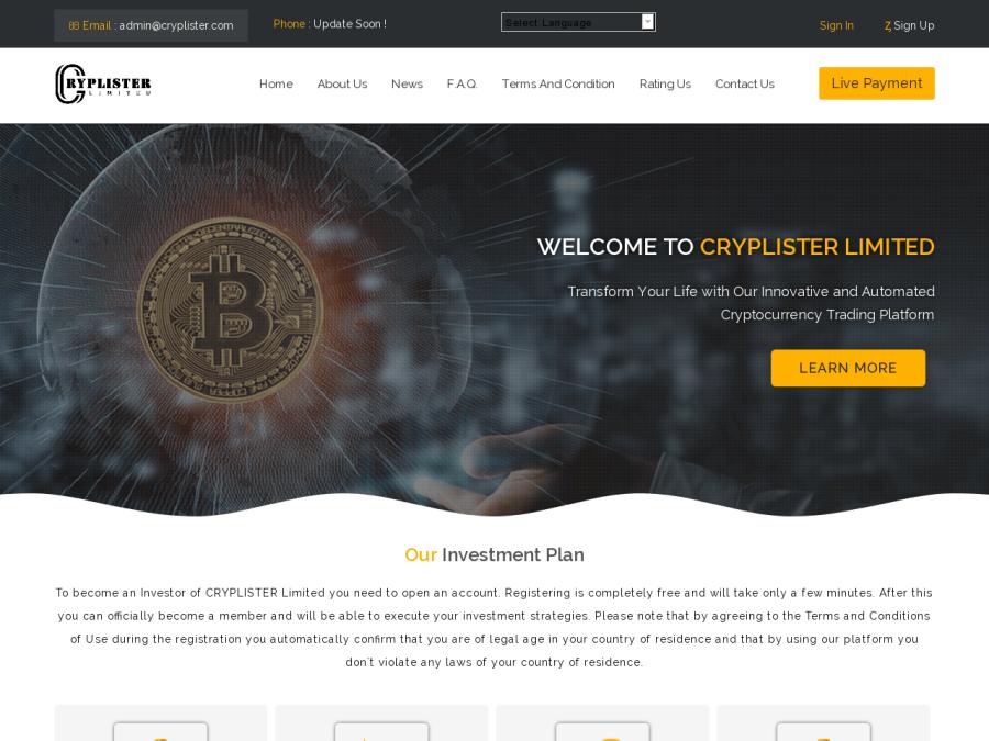 Cryplister Limited - капиталовложения на 12 – 20 дней с доходом от 1.5%/сут.
