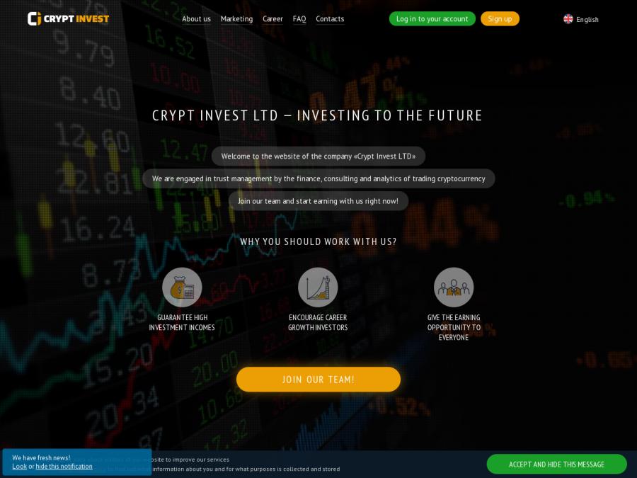 Crypt Invest LTD - инвестиции в USD и криптовалюте от +1% в день на 30 дн.