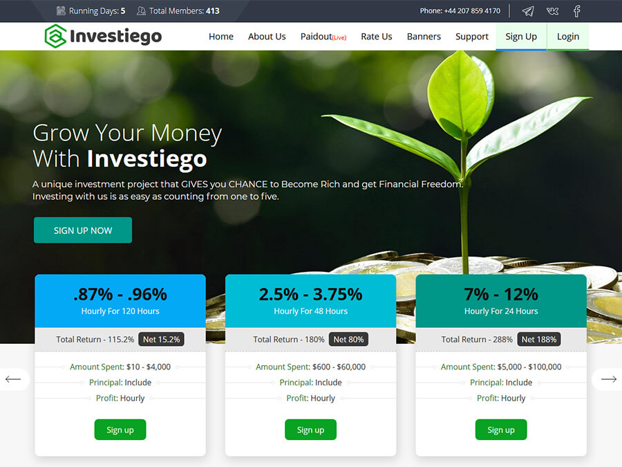 Investiego LTD - инвестиции с ежечасными выплатами от 0.87%, вход от 10$