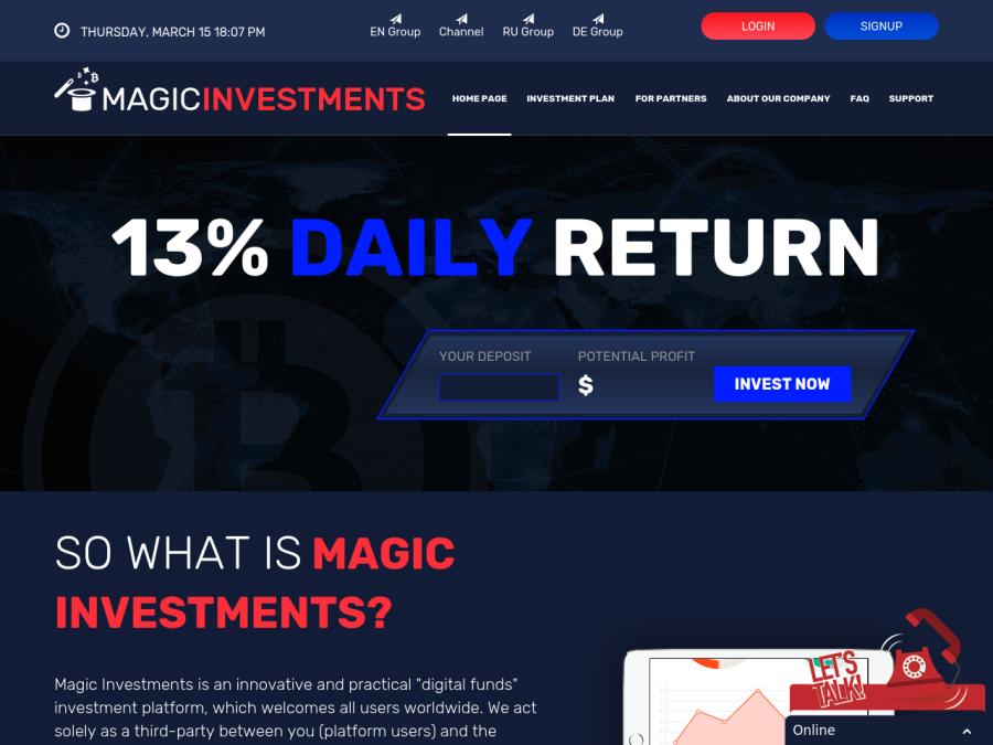 Magic Investments - хайп с доходностью 56% за 12 дней, участие от 5 $