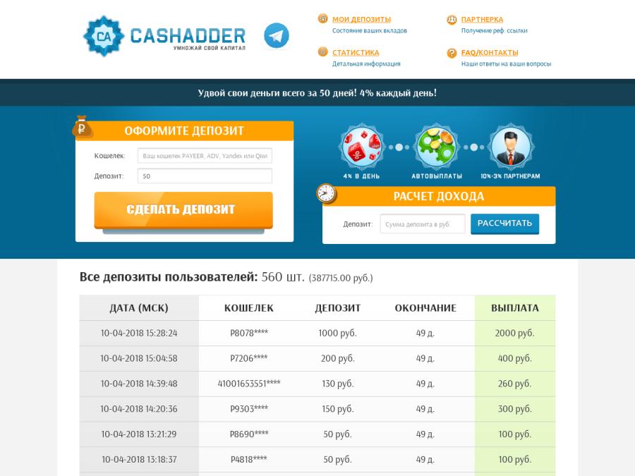 CashAdder - игровой рублевый удвоитель депозита, 100% за 50 дней, от 50 Р