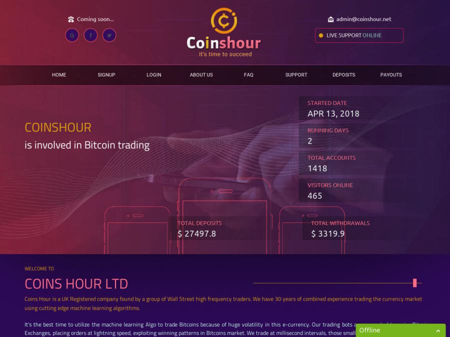 Coins Hour LTD - почасовик с доходностью от +1.48% за 72 часа, участие 10 $