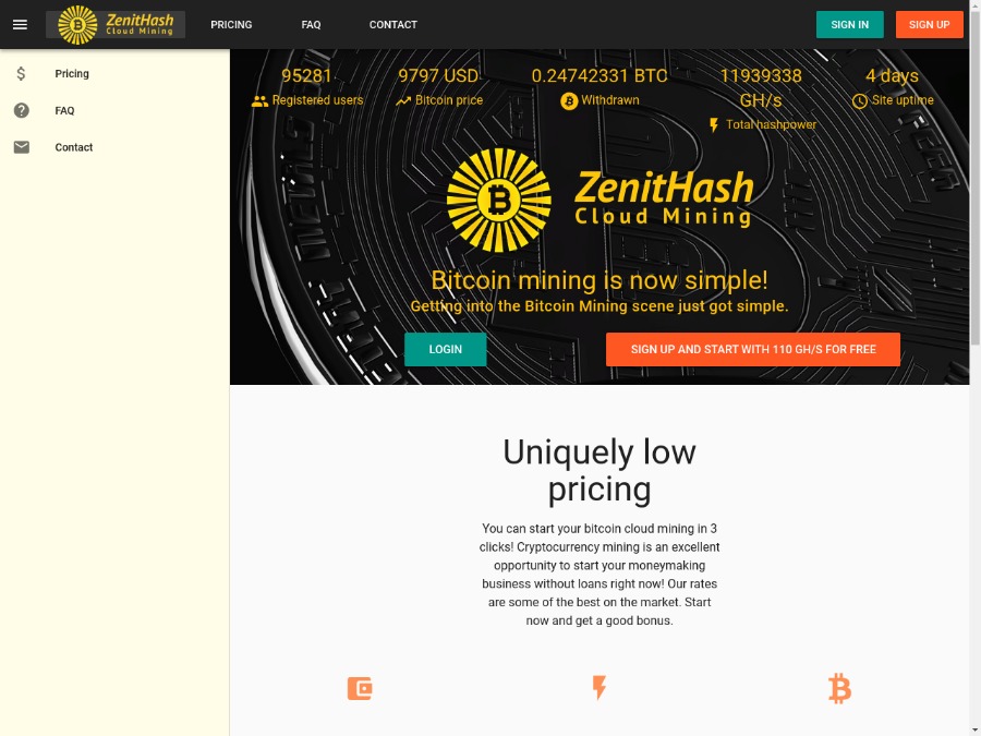 ZenitHash - новый облачный майнинг доход от 8,3% в день, бонус 110 GH/s